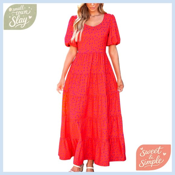 Dresses & Skirts - Puff Sleeve Tiered Maxi Dress Flowy Wedding Guest Maternity